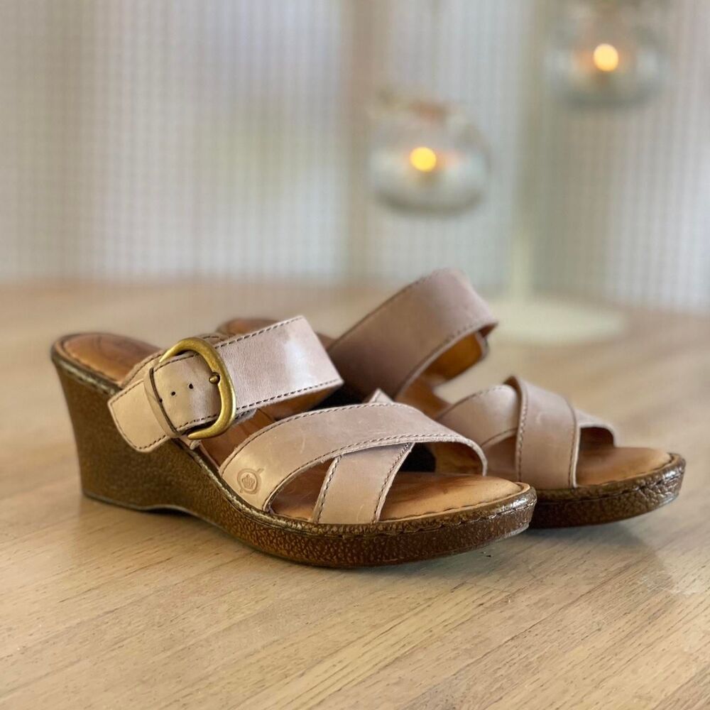Born Leather Wedge‎ Sandals Taupe Strappy Comfort Shoes Buckle Slip-On Slides 7M